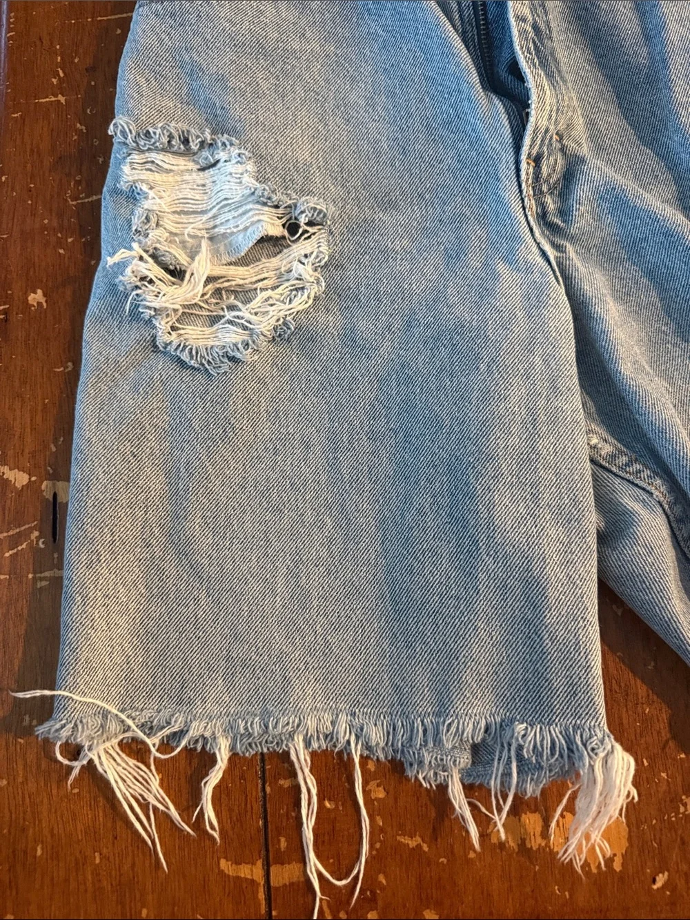 Vintage Light Wash Distressed Denim Long Shorts
